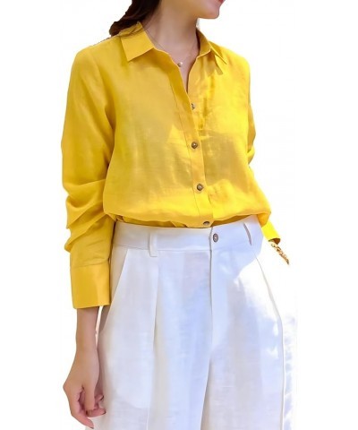 Classic Linen Relaxed Shirt Womens Collar Long Sleeves Shirt Tunic Yellow $16.80 Tops