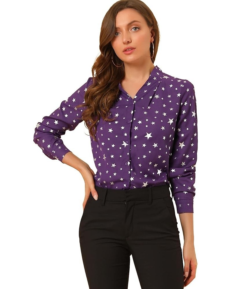 Women's Metallic Patterned Blouse V Neck Long Sleeve Gilding Shiny Sparkly Dots Top Purple $19.71 Blouses