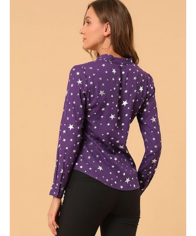 Women's Metallic Patterned Blouse V Neck Long Sleeve Gilding Shiny Sparkly Dots Top Purple $19.71 Blouses