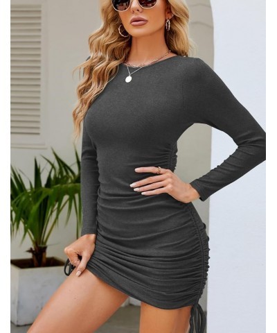 Women Ruched Long Sleeve Drawstring Crew Neck Stretch Ribbed Bodycon Mini Dress Darkgrey $17.84 Dresses