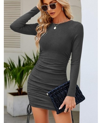 Women Ruched Long Sleeve Drawstring Crew Neck Stretch Ribbed Bodycon Mini Dress Darkgrey $17.84 Dresses