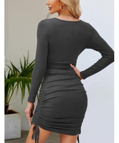 Women Ruched Long Sleeve Drawstring Crew Neck Stretch Ribbed Bodycon Mini Dress Darkgrey $17.84 Dresses