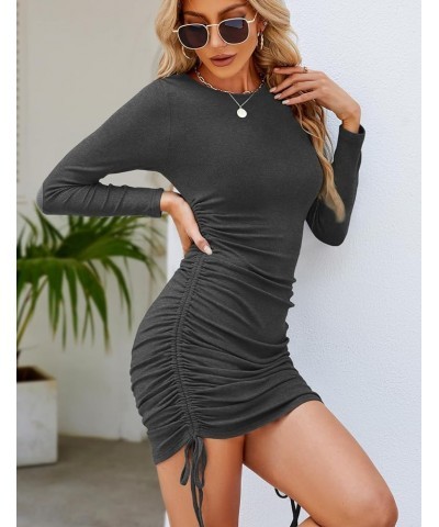 Women Ruched Long Sleeve Drawstring Crew Neck Stretch Ribbed Bodycon Mini Dress Darkgrey $17.84 Dresses