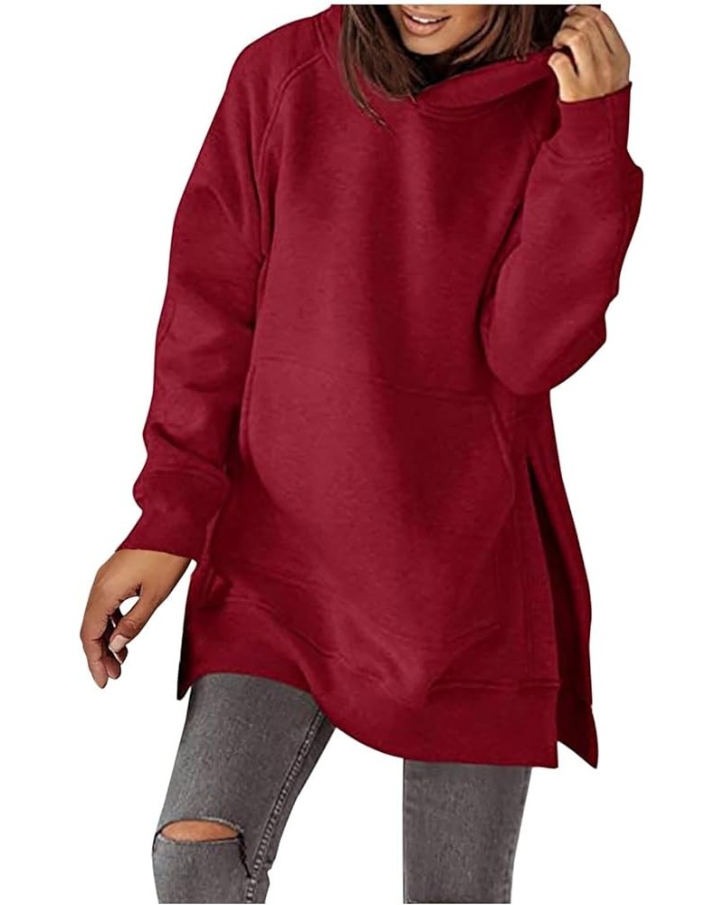 Women's Casual Long Hoodies Oversized Thick Fleece Solid Color Hooded Sweatshirt Pullover Side Split High Low Hem Tops Wine $...