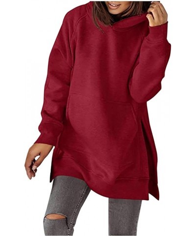 Women's Casual Long Hoodies Oversized Thick Fleece Solid Color Hooded Sweatshirt Pullover Side Split High Low Hem Tops Wine $...