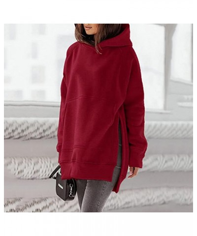 Women's Casual Long Hoodies Oversized Thick Fleece Solid Color Hooded Sweatshirt Pullover Side Split High Low Hem Tops Wine $...