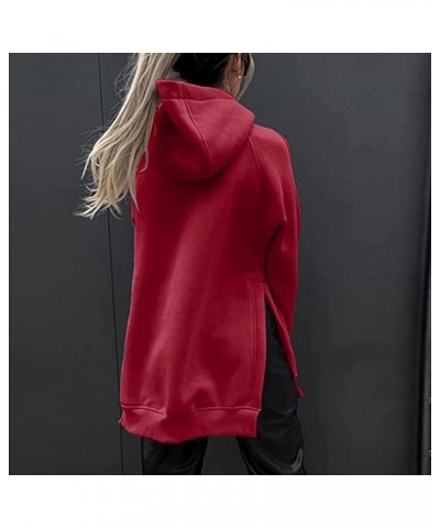 Women's Casual Long Hoodies Oversized Thick Fleece Solid Color Hooded Sweatshirt Pullover Side Split High Low Hem Tops Wine $...