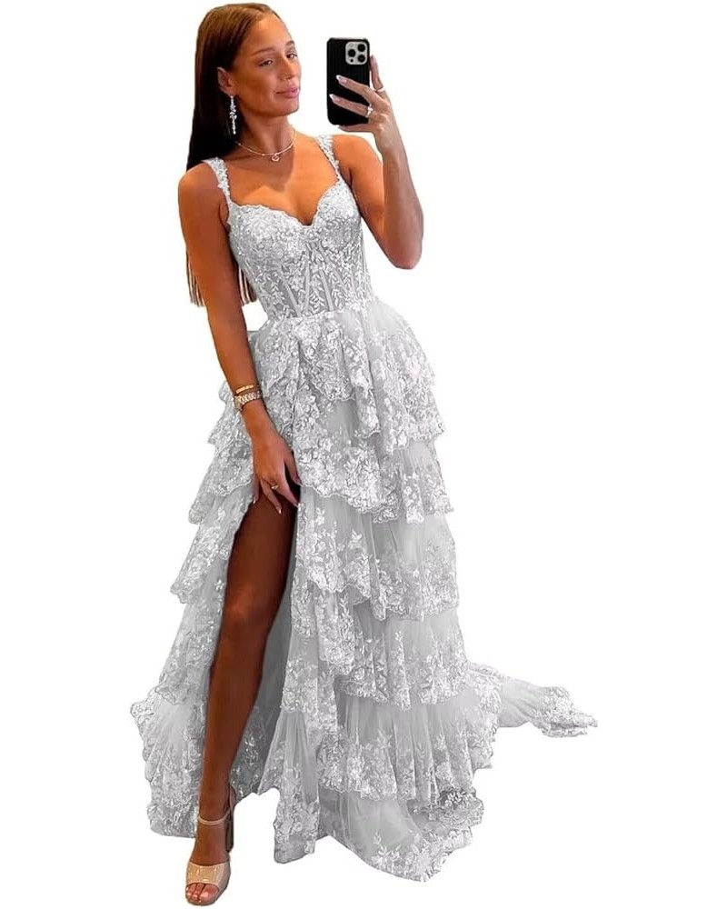 Spaghetti Straps Lace Prom Dresses with Slit Tiered Tulle Corset Long Formal Evening Party Gowns Silver $44.81 Dresses