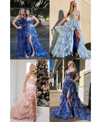 Spaghetti Straps Lace Prom Dresses with Slit Tiered Tulle Corset Long Formal Evening Party Gowns Silver $44.81 Dresses