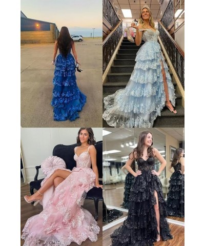 Spaghetti Straps Lace Prom Dresses with Slit Tiered Tulle Corset Long Formal Evening Party Gowns Silver $44.81 Dresses