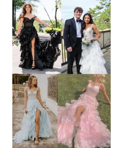 Spaghetti Straps Lace Prom Dresses with Slit Tiered Tulle Corset Long Formal Evening Party Gowns Silver $44.81 Dresses