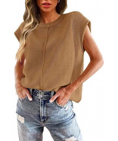 Women's Short Sleeve Tunic Tops Casual Crew Neck Sleeveless Solid Pullover Sweaters Basic Loose Knit Sweater Vest Camel $16.4...