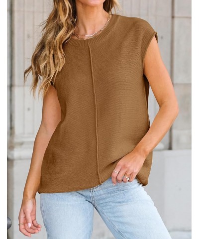 Women's Short Sleeve Tunic Tops Casual Crew Neck Sleeveless Solid Pullover Sweaters Basic Loose Knit Sweater Vest Camel $16.4...