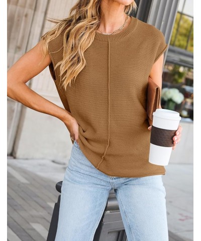 Women's Short Sleeve Tunic Tops Casual Crew Neck Sleeveless Solid Pullover Sweaters Basic Loose Knit Sweater Vest Camel $16.4...