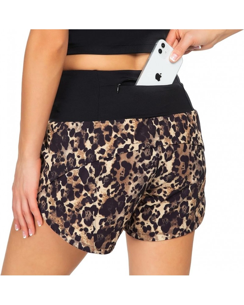 Running Shorts for Women with Liner High Waisted Womens Athletic Shorts with Zip Pocket for Workout Gym- 4 Inches Khaki Leopa...