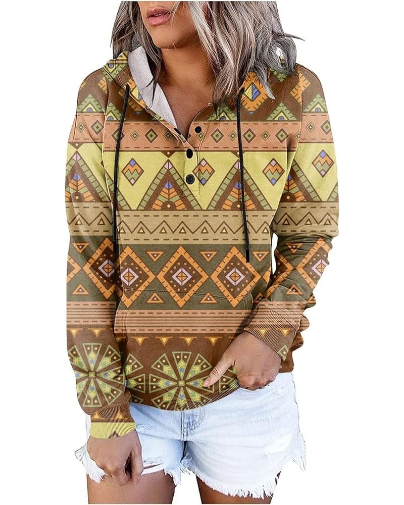 Women's Fall Casual Western Aztec Print Long Sleeve Drawstring Hoodies Half Zip Sweatshirt Button Down Pullover Tops 24-yello...