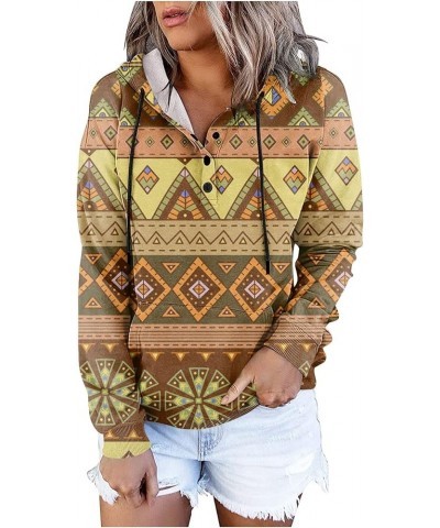 Women's Fall Casual Western Aztec Print Long Sleeve Drawstring Hoodies Half Zip Sweatshirt Button Down Pullover Tops 24-yello...