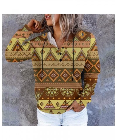 Women's Fall Casual Western Aztec Print Long Sleeve Drawstring Hoodies Half Zip Sweatshirt Button Down Pullover Tops 24-yello...