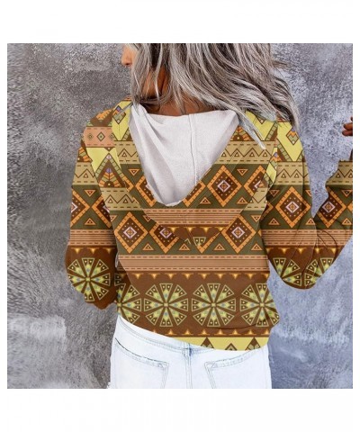 Women's Fall Casual Western Aztec Print Long Sleeve Drawstring Hoodies Half Zip Sweatshirt Button Down Pullover Tops 24-yello...