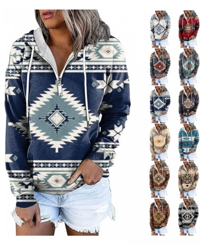 Women's Fall Casual Western Aztec Print Long Sleeve Drawstring Hoodies Half Zip Sweatshirt Button Down Pullover Tops 24-yello...