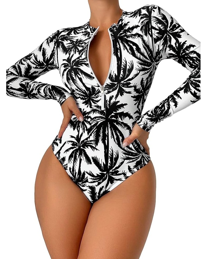 Women's One Piece Swimsuit Zip Front Long Sleeve Rashguard Surfing Black White Tree $17.91 Swimsuits