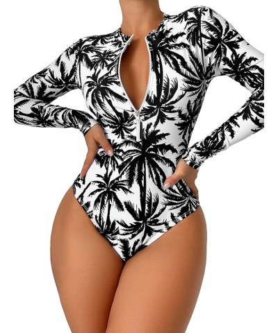 Women's One Piece Swimsuit Zip Front Long Sleeve Rashguard Surfing Black White Tree $17.91 Swimsuits