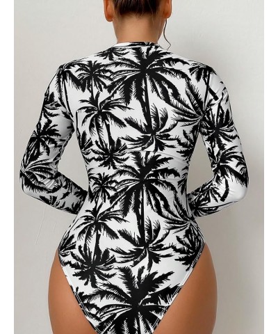 Women's One Piece Swimsuit Zip Front Long Sleeve Rashguard Surfing Black White Tree $17.91 Swimsuits