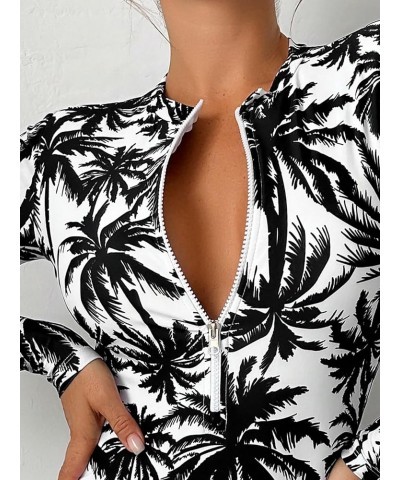 Women's One Piece Swimsuit Zip Front Long Sleeve Rashguard Surfing Black White Tree $17.91 Swimsuits