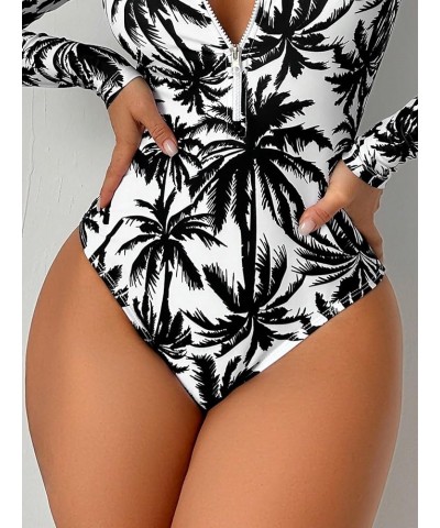 Women's One Piece Swimsuit Zip Front Long Sleeve Rashguard Surfing Black White Tree $17.91 Swimsuits