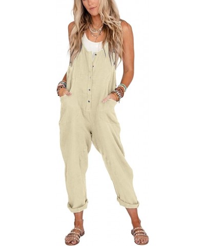 Womens Cotton Linen Overalls Adjustable Straps Button Up Long Loose Pant Baggy Jumpsuits with Pockets Beige $13.99 Overalls