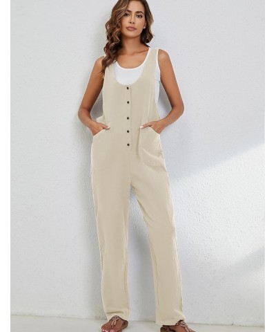 Womens Cotton Linen Overalls Adjustable Straps Button Up Long Loose Pant Baggy Jumpsuits with Pockets Beige $13.99 Overalls