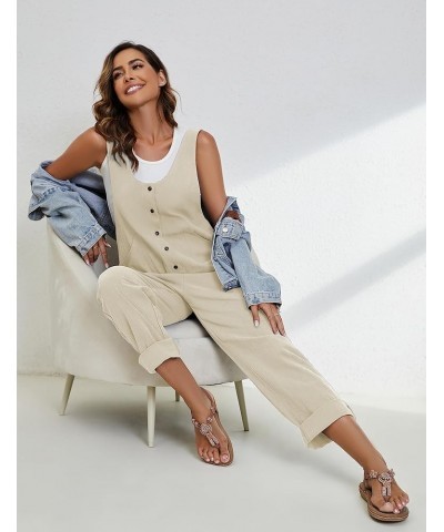 Womens Cotton Linen Overalls Adjustable Straps Button Up Long Loose Pant Baggy Jumpsuits with Pockets Beige $13.99 Overalls