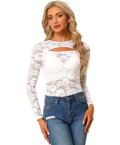 See Through Top for Women's Cut Out Long Sleeve Semi Sheer Fitted Lace Top White $15.88 Blouses