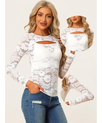 See Through Top for Women's Cut Out Long Sleeve Semi Sheer Fitted Lace Top White $15.88 Blouses