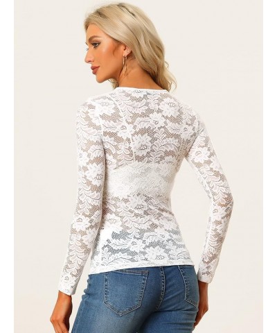 See Through Top for Women's Cut Out Long Sleeve Semi Sheer Fitted Lace Top White $15.88 Blouses