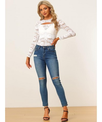 See Through Top for Women's Cut Out Long Sleeve Semi Sheer Fitted Lace Top White $15.88 Blouses