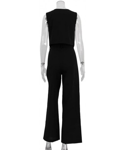 Women Blazer Sets Sleeveless V Neck Crop Vest Top Wide Leg Pants 2 Piece Vest Suit Y2k Linen Matching Set Bb56 Black $14.52 S...