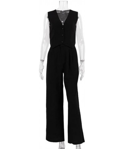 Women Blazer Sets Sleeveless V Neck Crop Vest Top Wide Leg Pants 2 Piece Vest Suit Y2k Linen Matching Set Bb56 Black $14.52 S...