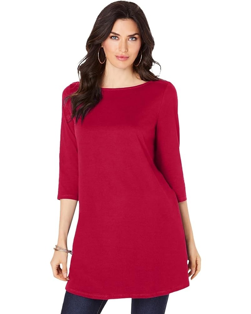 Women's Plus Size Boatneck Ultimate Tunic With Side Slits Long Shirt Classic Red $17.86 Tops