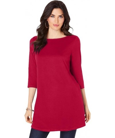 Women's Plus Size Boatneck Ultimate Tunic With Side Slits Long Shirt Classic Red $17.86 Tops