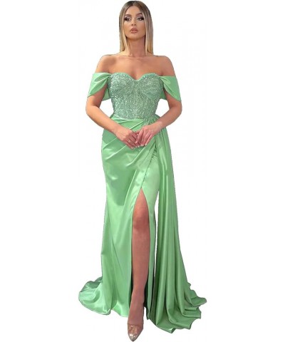 Women's Off Shoulder Mermaid Prom Dresses Long Beaded Satin Ball Gown with Slit Bridesmaid Formal Party Gown Cyan $38.25 Dresses