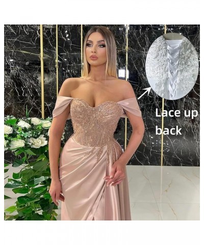 Women's Off Shoulder Mermaid Prom Dresses Long Beaded Satin Ball Gown with Slit Bridesmaid Formal Party Gown Cyan $38.25 Dresses