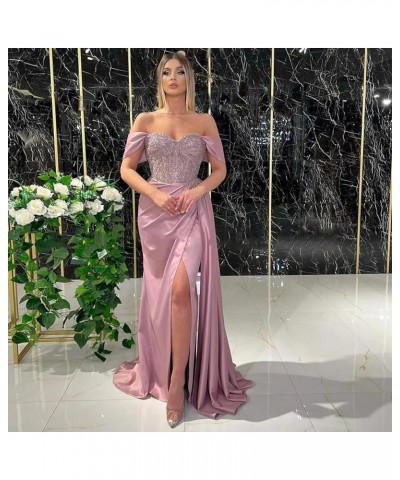 Women's Off Shoulder Mermaid Prom Dresses Long Beaded Satin Ball Gown with Slit Bridesmaid Formal Party Gown Cyan $38.25 Dresses