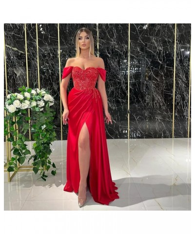 Women's Off Shoulder Mermaid Prom Dresses Long Beaded Satin Ball Gown with Slit Bridesmaid Formal Party Gown Cyan $38.25 Dresses