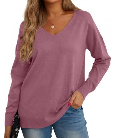 Women's V-Neck Long Sleeve Side Split Loose Casual Knit Pullover Sweater Blouse 03 Red Gray $17.38 Sweaters