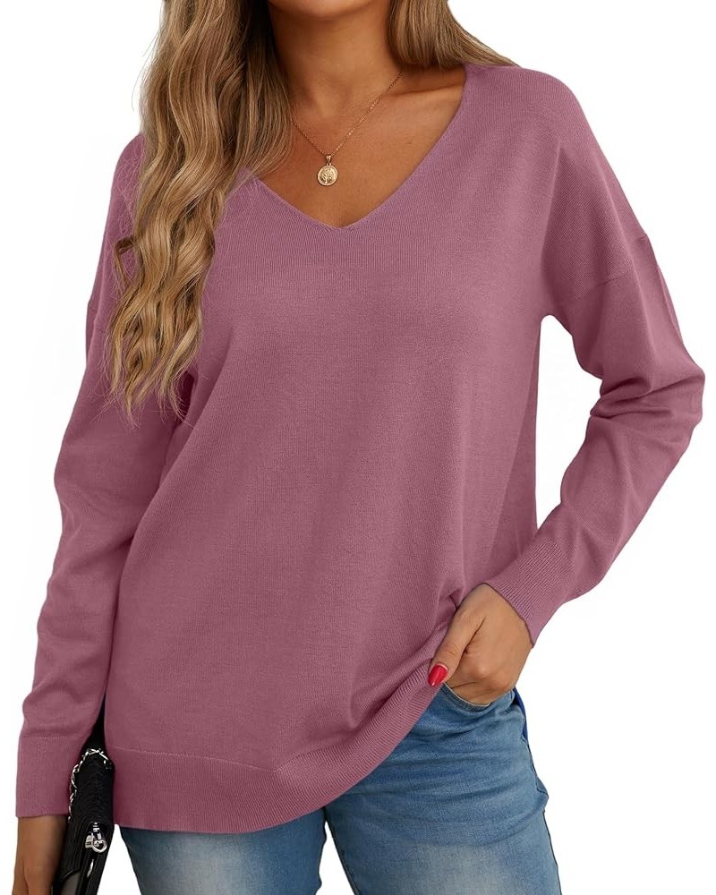 Women's V-Neck Long Sleeve Side Split Loose Casual Knit Pullover Sweater Blouse 03 Red Gray $17.38 Sweaters