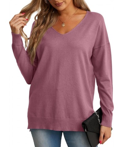 Women's V-Neck Long Sleeve Side Split Loose Casual Knit Pullover Sweater Blouse 03 Red Gray $17.38 Sweaters