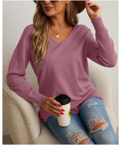 Women's V-Neck Long Sleeve Side Split Loose Casual Knit Pullover Sweater Blouse 03 Red Gray $17.38 Sweaters