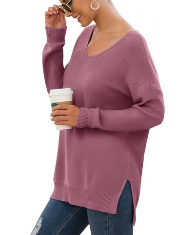 Women's V-Neck Long Sleeve Side Split Loose Casual Knit Pullover Sweater Blouse 03 Red Gray $17.38 Sweaters