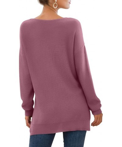 Women's V-Neck Long Sleeve Side Split Loose Casual Knit Pullover Sweater Blouse 03 Red Gray $17.38 Sweaters